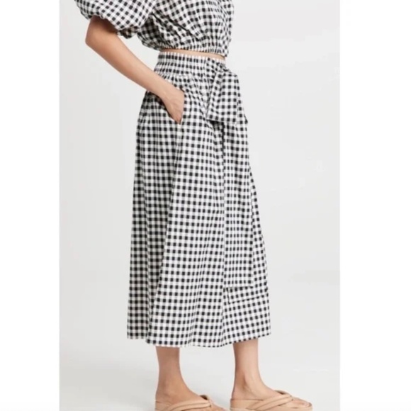 Tory Burch Black White Gingham Midi Skirt Small Cotton Tie Waist Pockets NWOT - Picture 4 of 10
